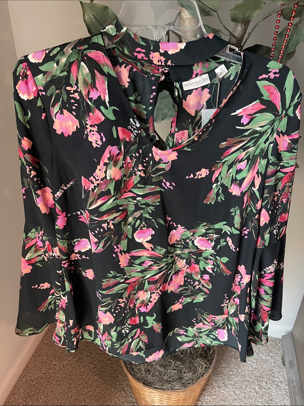 New York & Company Black Floral Bell Sleeve Blouse